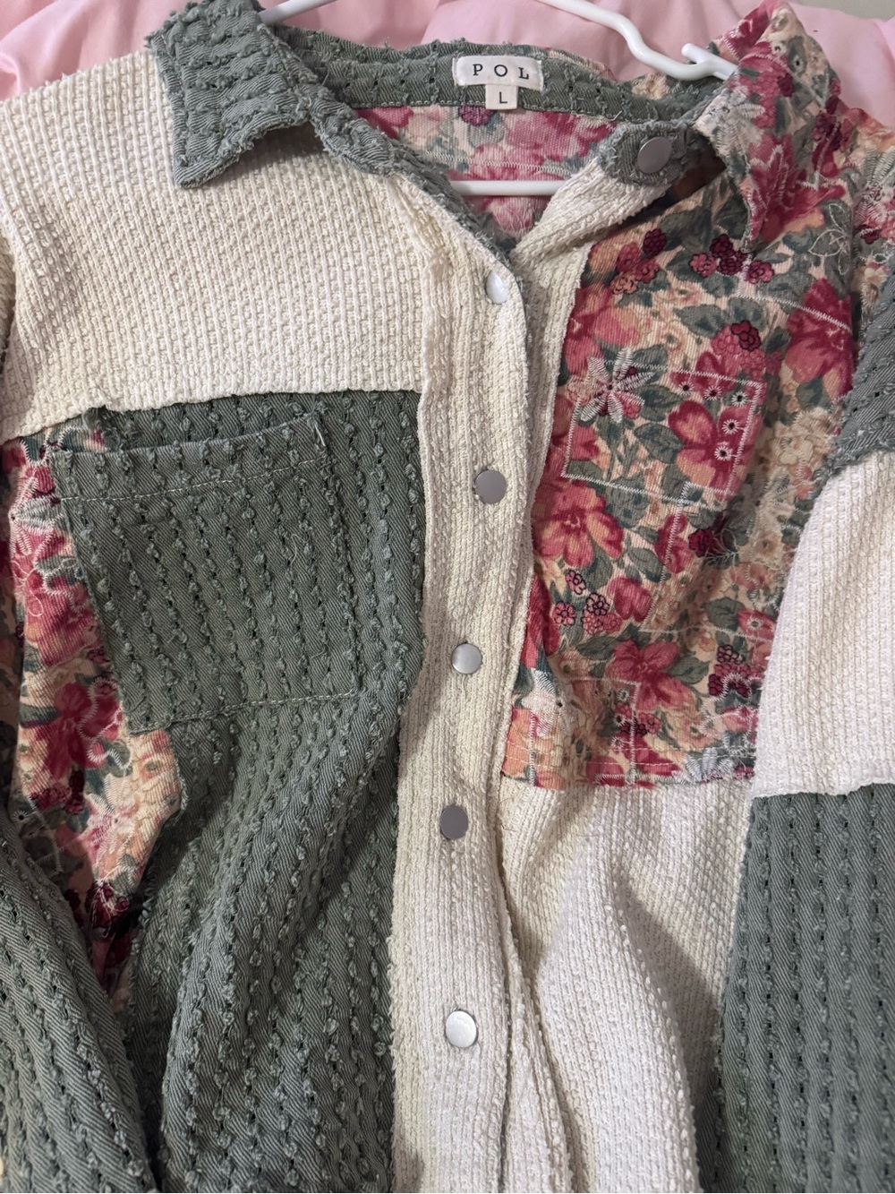 POL Patchwork Teddy Jacket in Olive, Cream & Pink Floral - Picture 2 of 2